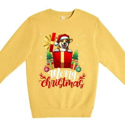 Corgi Merry Christmas Funny Gift Box Tree Santa Hat Snowflakes Gift Premium Crewneck Sweatshirt