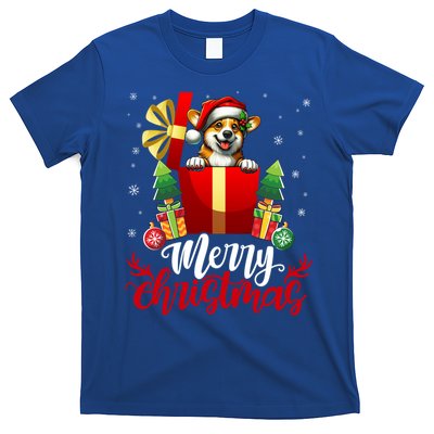 Corgi Merry Christmas Funny Gift Box Tree Santa Hat Snowflakes Gift T-Shirt