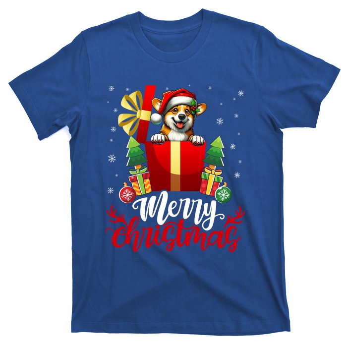 Corgi Merry Christmas Funny Gift Box Tree Santa Hat Snowflakes Gift T-Shirt