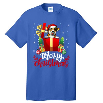 Corgi Merry Christmas Funny Gift Box Tree Santa Hat Snowflakes Gift Tall T-Shirt