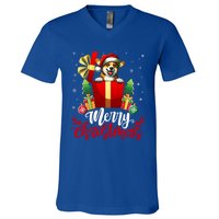 Corgi Merry Christmas Funny Gift Box Tree Santa Hat Snowflakes Gift V-Neck T-Shirt