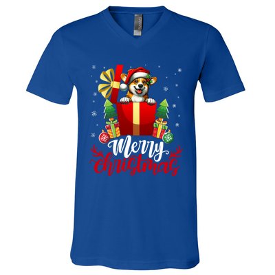 Corgi Merry Christmas Funny Gift Box Tree Santa Hat Snowflakes Gift V-Neck T-Shirt