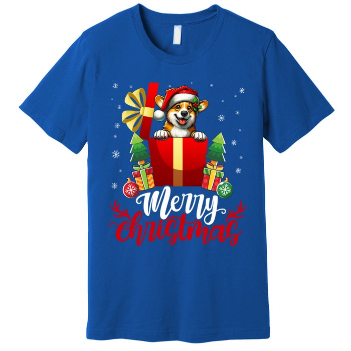 Corgi Merry Christmas Funny Gift Box Tree Santa Hat Snowflakes Gift Premium T-Shirt