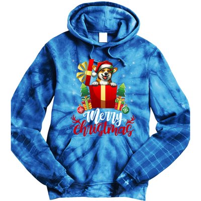 Corgi Merry Christmas Funny Gift Box Tree Santa Hat Snowflakes Gift Tie Dye Hoodie