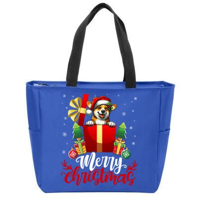 Corgi Merry Christmas Funny Gift Box Tree Santa Hat Snowflakes Gift Zip Tote Bag