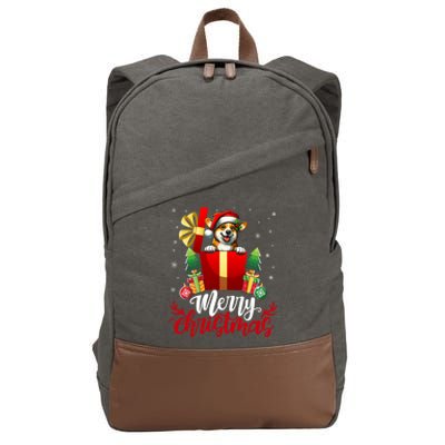 Corgi Merry Christmas Funny Gift Box Tree Santa Hat Snowflakes Gift Cotton Canvas Backpack