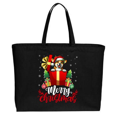 Corgi Merry Christmas Funny Gift Box Tree Santa Hat Snowflakes Gift Cotton Canvas Jumbo Tote