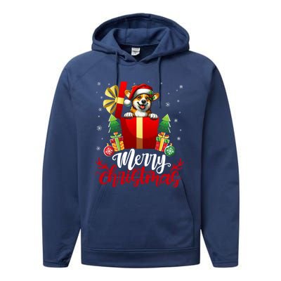 Corgi Merry Christmas Funny Gift Box Tree Santa Hat Snowflakes Gift Performance Fleece Hoodie