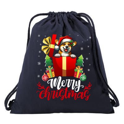 Corgi Merry Christmas Funny Gift Box Tree Santa Hat Snowflakes Gift Drawstring Bag