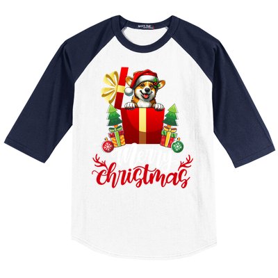 Corgi Merry Christmas Funny Gift Box Tree Santa Hat Snowflakes Gift Baseball Sleeve Shirt