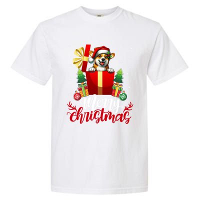 Corgi Merry Christmas Funny Gift Box Tree Santa Hat Snowflakes Gift Garment-Dyed Heavyweight T-Shirt