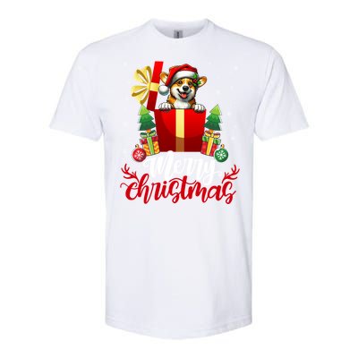 Corgi Merry Christmas Funny Gift Box Tree Santa Hat Snowflakes Gift Softstyle CVC T-Shirt