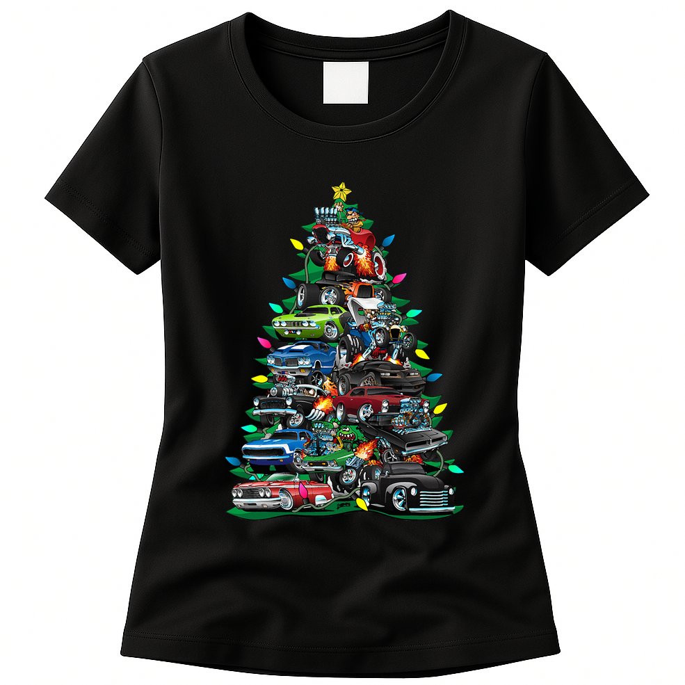 Car Madness Christmas Tree! Classic Muscle Cars And Hotrods Womens T-Shirt