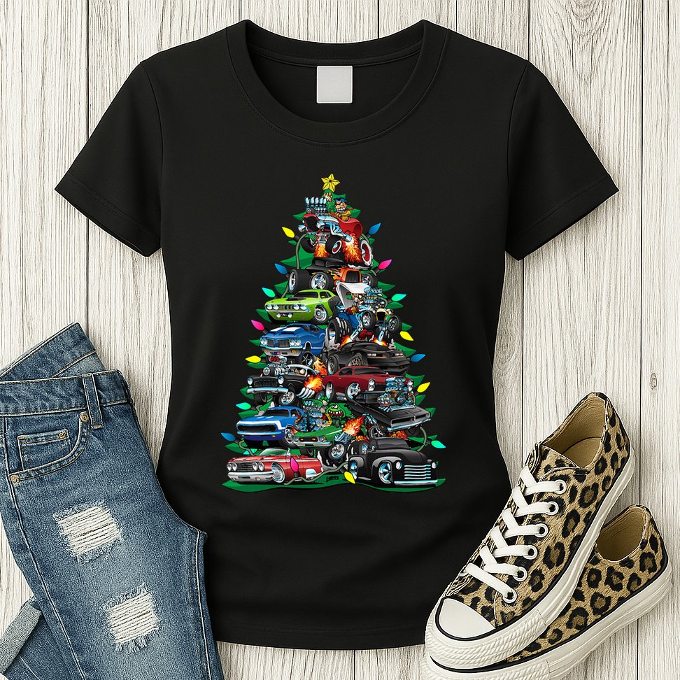 Car Madness Christmas Tree! Classic Muscle Cars And Hotrods Womens T-Shirt