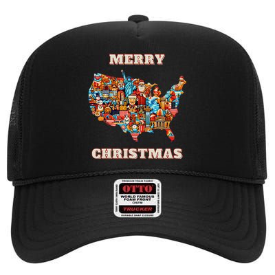 Colorful Merry Christmas Unique Us Map High Crown Mesh Back Trucker Hat