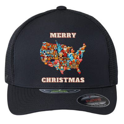 Colorful Merry Christmas Unique Us Map Flexfit Unipanel Trucker Cap