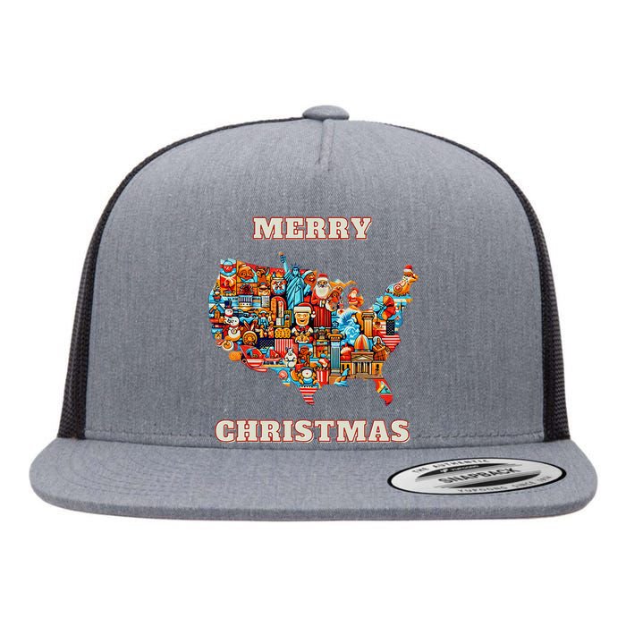 Colorful Merry Christmas Unique Us Map Flat Bill Trucker Hat