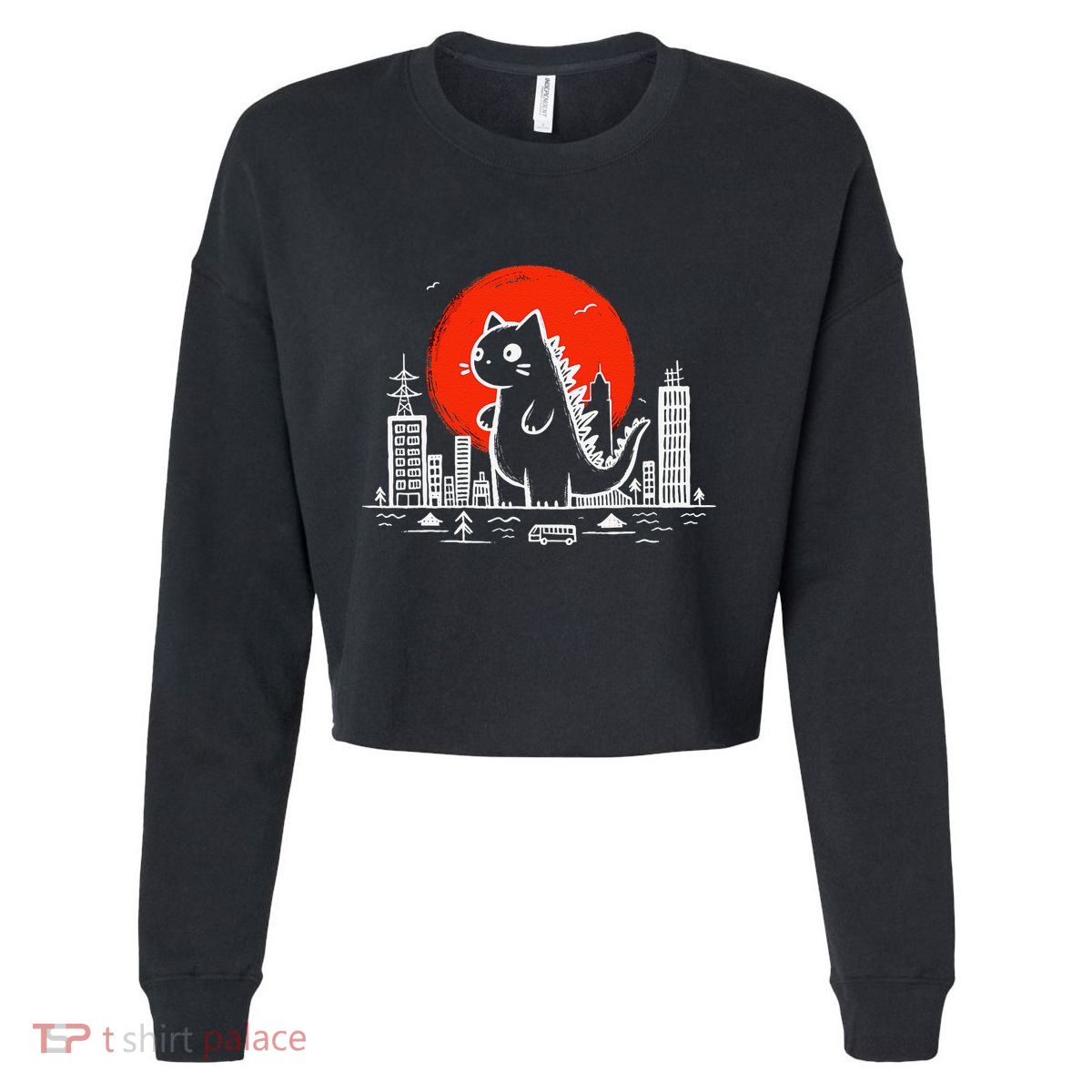 Catzilla Monster Cat Memes Retro Japan Kawaii Kaiju Cropped Pullover Crew