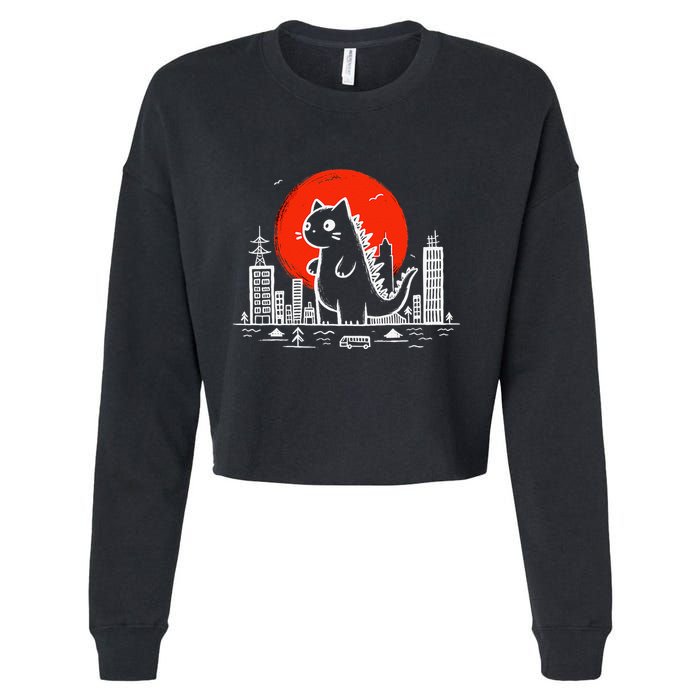 Catzilla Monster Cat Memes Retro Japan Kawaii Kaiju Cropped Pullover Crew