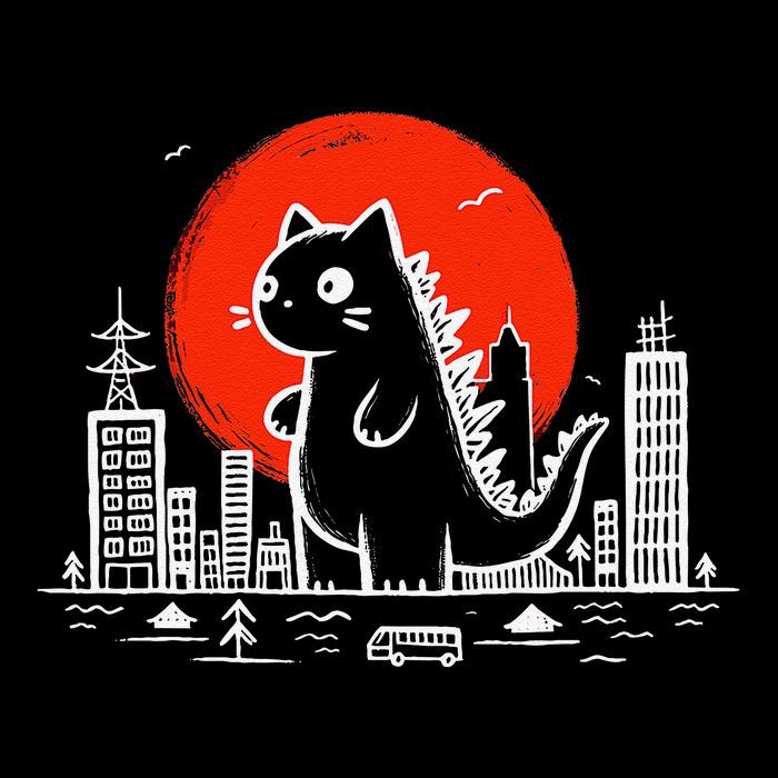 Catzilla Monster Cat Memes Retro Japan Kawaii Kaiju Cropped Pullover Crew