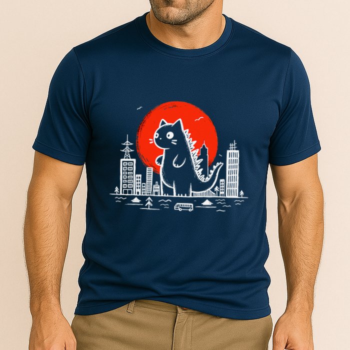 Catzilla Monster Cat Memes Retro Japan Kawaii Kaiju Cooling Performance Crew T-Shirt