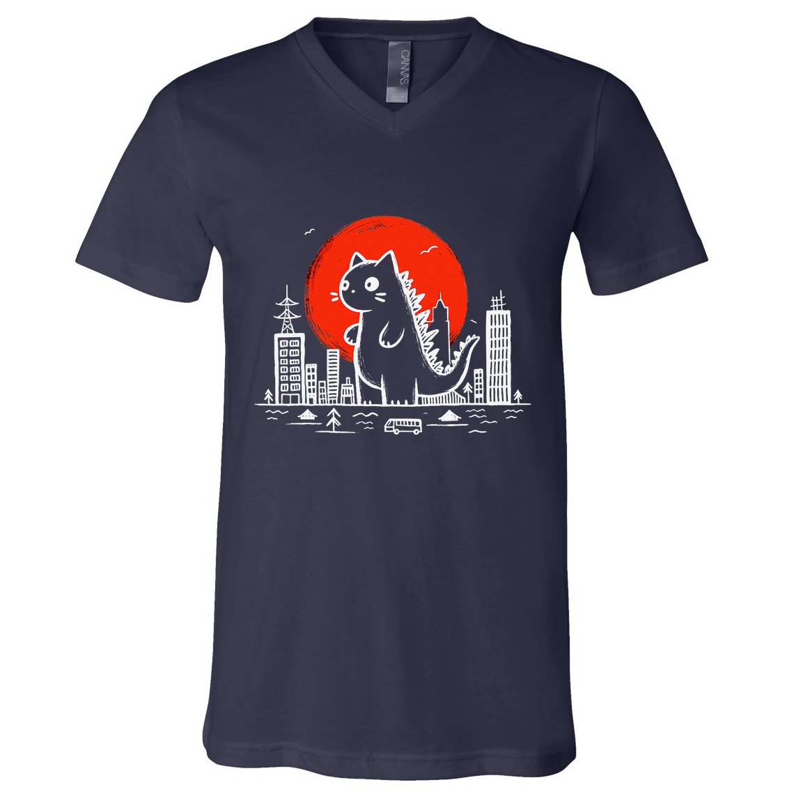 Catzilla Monster Cat Memes Retro Japan Kawaii Kaiju V-Neck T-Shirt