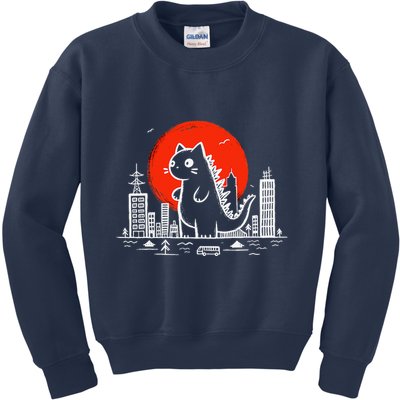 Catzilla Monster Cat Memes Retro Japan Kawaii Kaiju Kids Sweatshirt