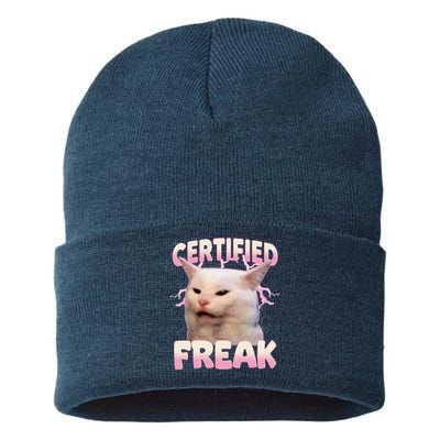 Cat Meme Certified Freak Eat Cement Cursed Cat Funny Sustainable Knit Beanie