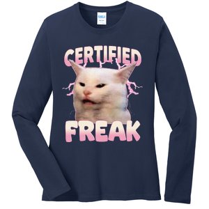 Cat Meme Certified Freak Eat Cement Cursed Cat Funny Ladies Long Sleeve Shirt