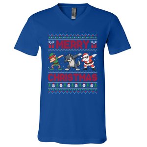 Cute Merry Christmas Gift Dabbing Santa Elf Wolf V-Neck T-Shirt