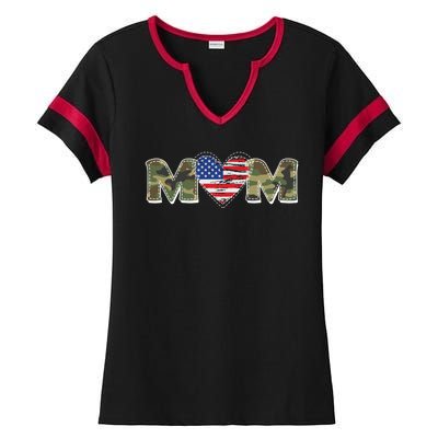 Cute Military Camouflage Mom American USA Flag Heart Ladies Halftime Notch Neck Tee