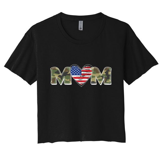 Cute Military Camouflage Mom American USA Flag Heart Crop Top