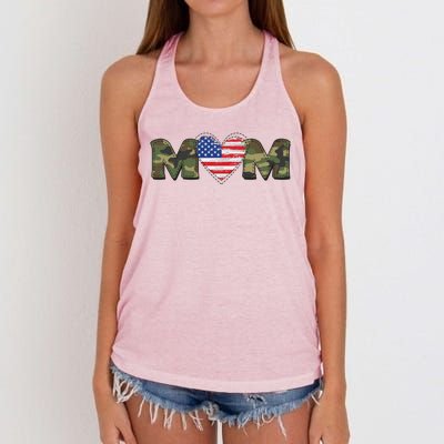 Cute Military Camouflage Mom American USA Flag Heart Women's Knotted Racerback Tank