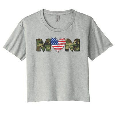 Cute Military Camouflage Mom American USA Flag Heart Women's Crop Top Tee