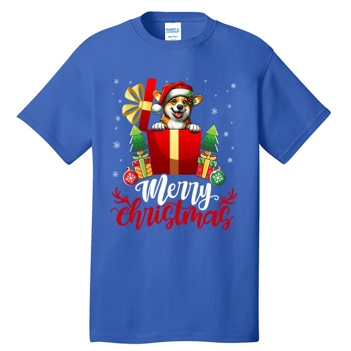 Corgi Merry Christmas Funny Gift Box Tree Santa Hat Snowflakes Cute Gift Tall T-Shirt