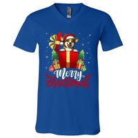 Corgi Merry Christmas Funny Gift Box Tree Santa Hat Snowflakes Cute Gift V-Neck T-Shirt