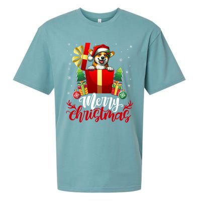 Corgi Merry Christmas Funny Gift Box Tree Santa Hat Snowflakes Cute Gift Sueded Cloud Jersey T-Shirt