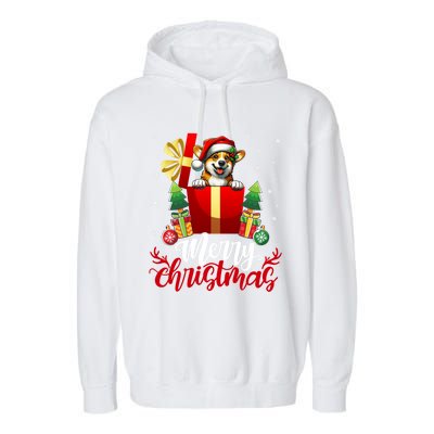 Corgi Merry Christmas Funny Gift Box Tree Santa Hat Snowflakes Cute Gift Garment-Dyed Fleece Hoodie