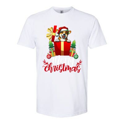 Corgi Merry Christmas Funny Gift Box Tree Santa Hat Snowflakes Cute Gift Softstyle CVC T-Shirt