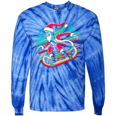 Cool Merry Christmas Santa Skeleton Skateboarding Skater Gift Tie-Dye Long Sleeve Shirt