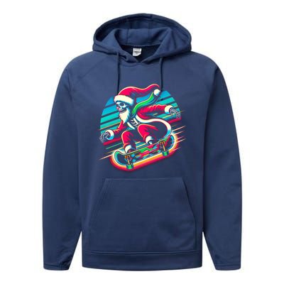 Cool Merry Christmas Santa Skeleton Skateboarding Skater Gift Performance Fleece Hoodie