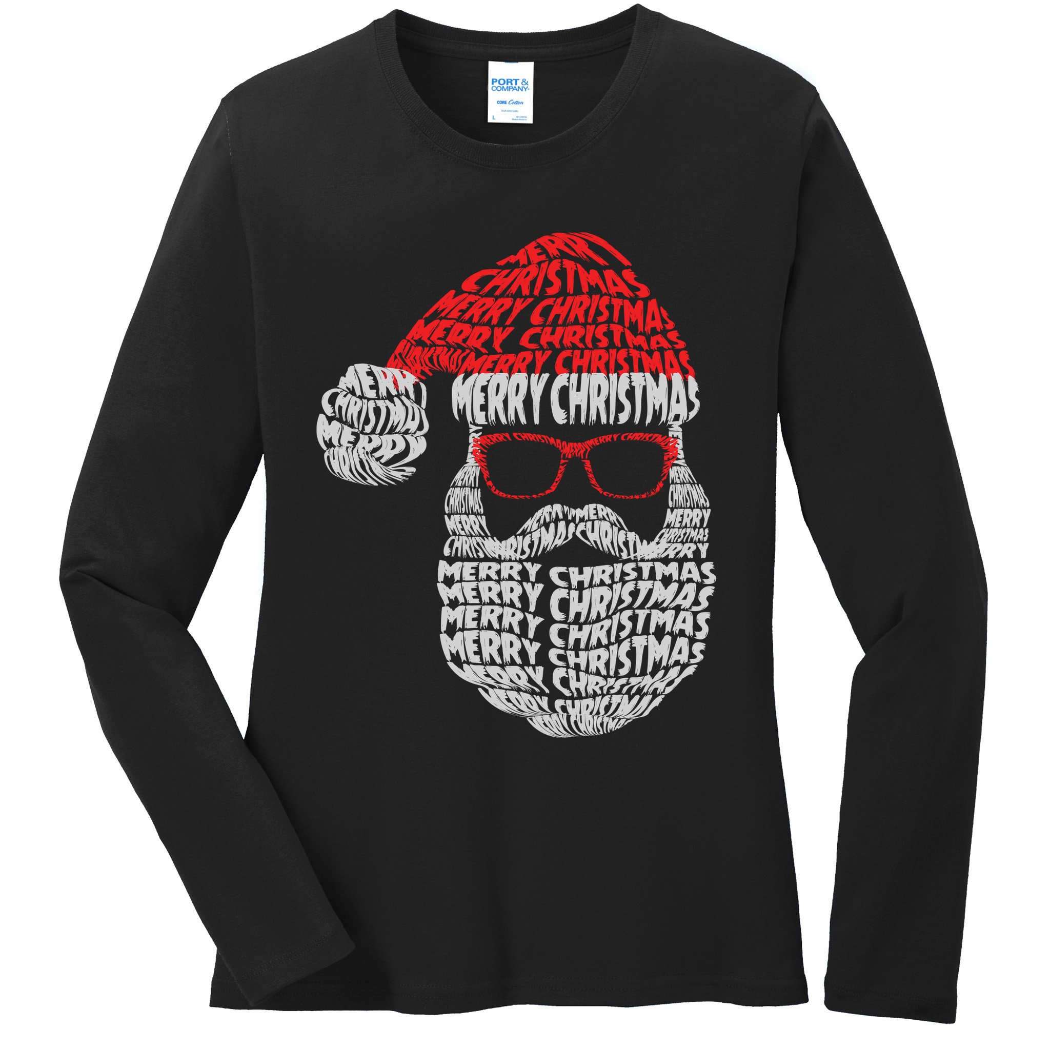 Cool Merry Christmas Text Art Santa Claus Ladies Long Sleeve Shirt