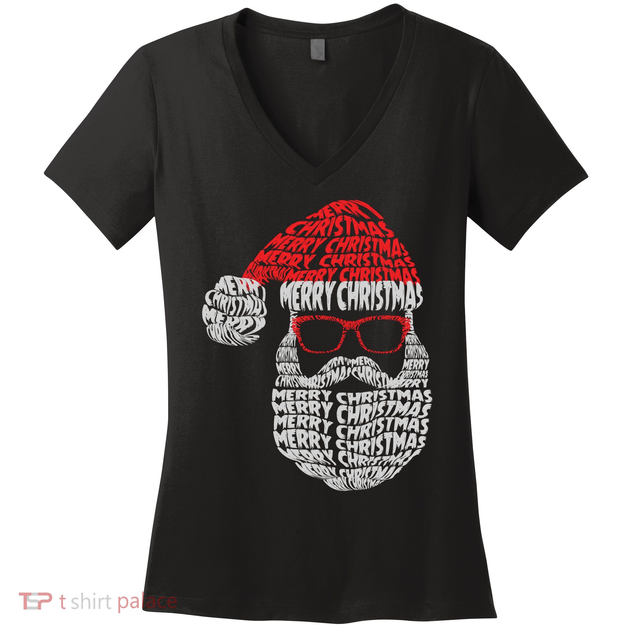 Cool Merry Christmas Text Art Santa Claus Women's V-Neck T-Shirt