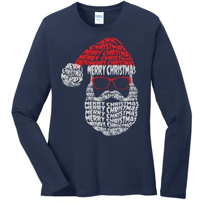 Cool Merry Christmas Text Art Santa Claus Ladies Long Sleeve Shirt