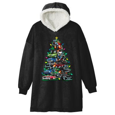 Car Madness Christmas Tree! Classic Muscle Cars And Hotrods Hooded Wearable Blanket