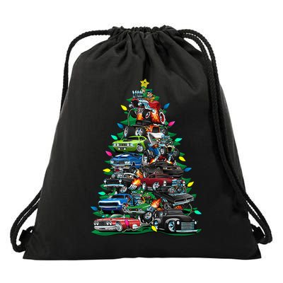 Car Madness Christmas Tree! Classic Muscle Cars And Hotrods Drawstring Bag