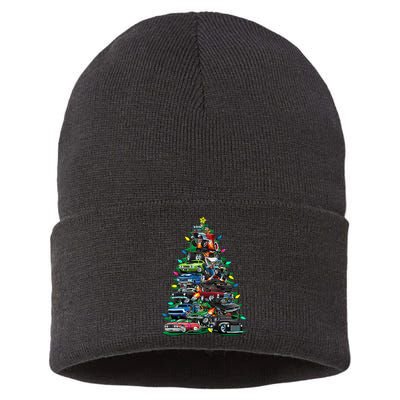 Car Madness Christmas Tree! Classic Muscle Cars And Hotrods Sustainable Knit Beanie