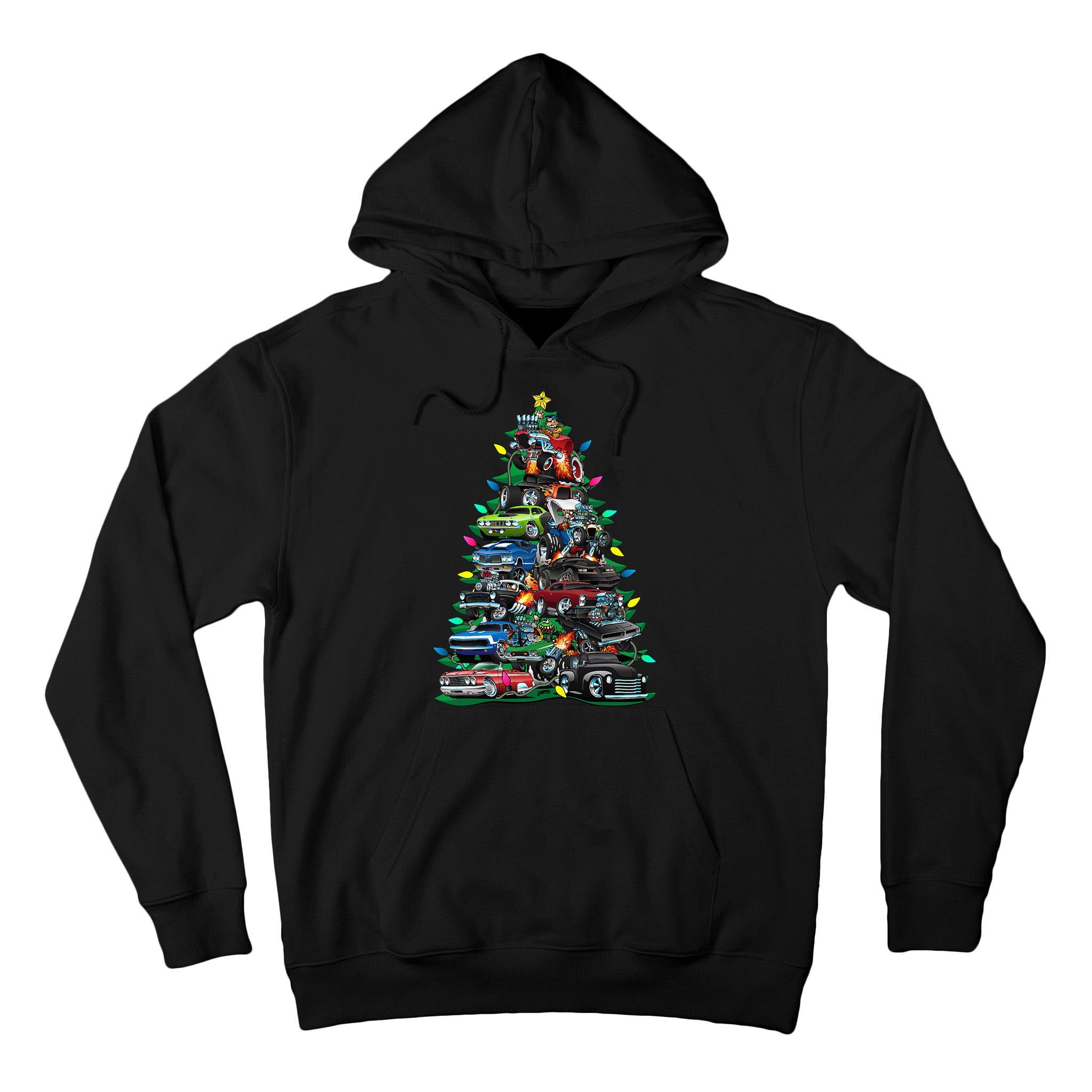 Car Madness Christmas Tree! Classic Muscle Cars And Hotrods Tall Hoodie