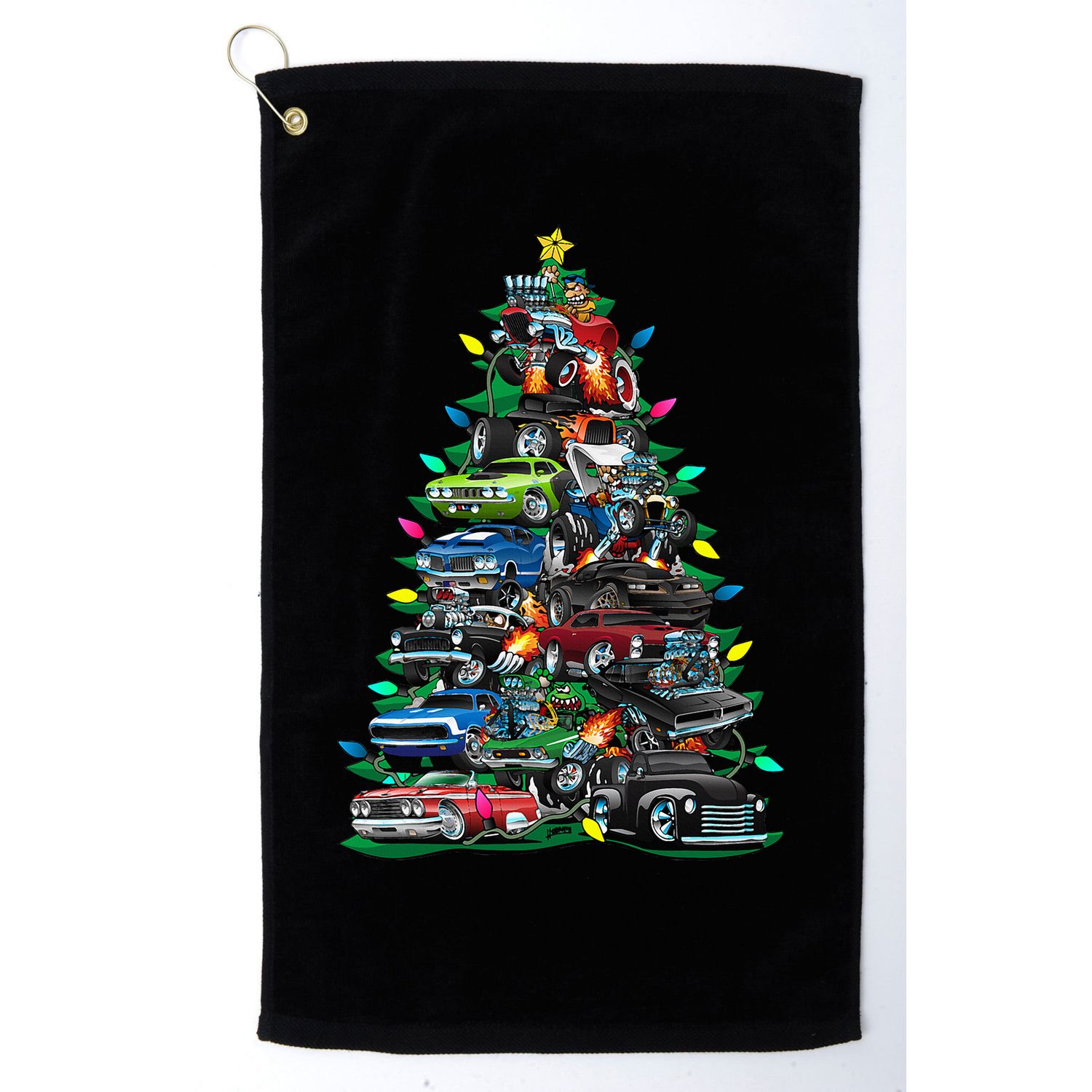 Car Madness Christmas Tree! Classic Muscle Cars And Hotrods Golf Towel