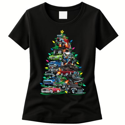 Car Madness Christmas Tree! Classic Muscle Cars And Hotrods Womens T-Shirt